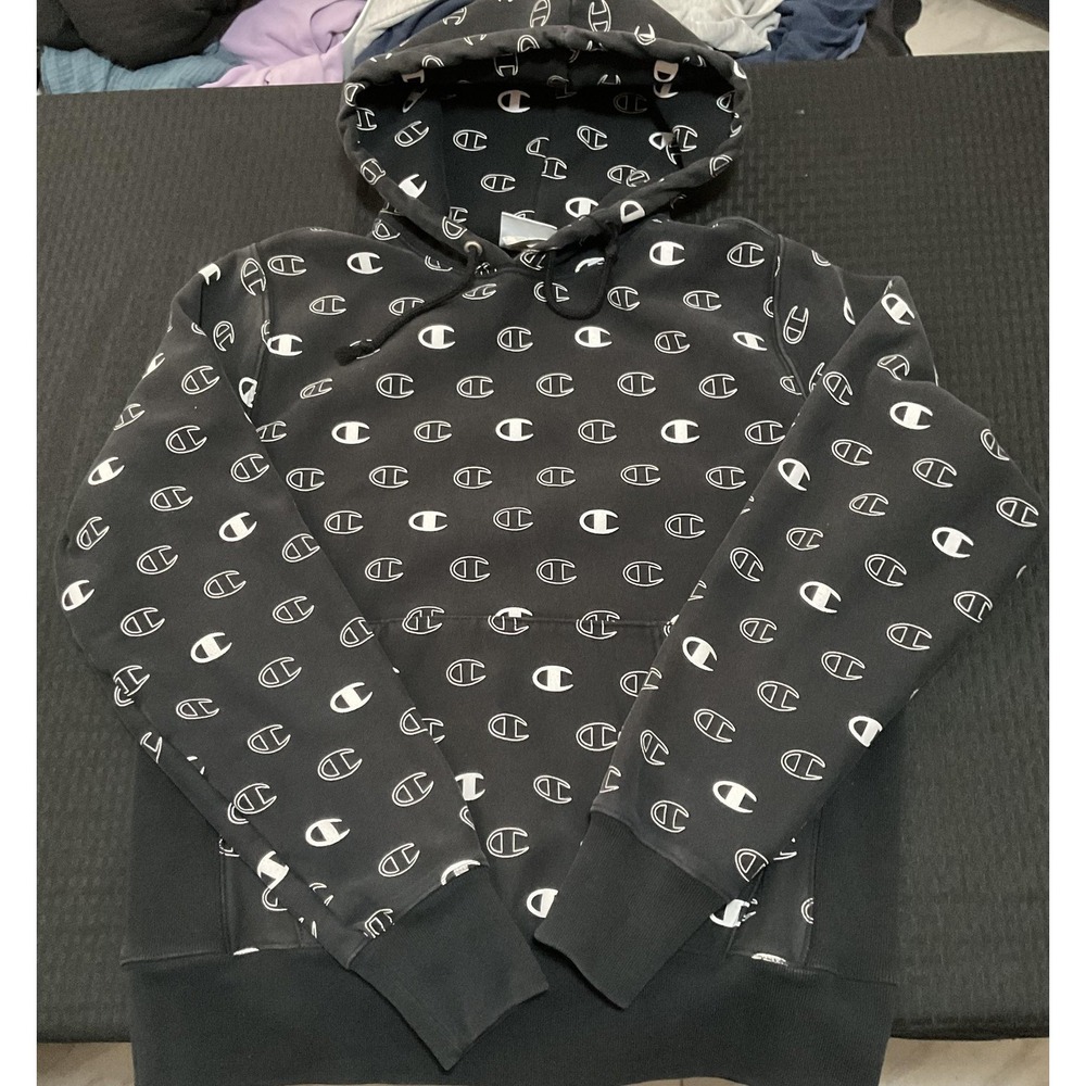 Champion Hoodie Mens Medium Black Reverse Weave All Over Logo Pullover Fleece